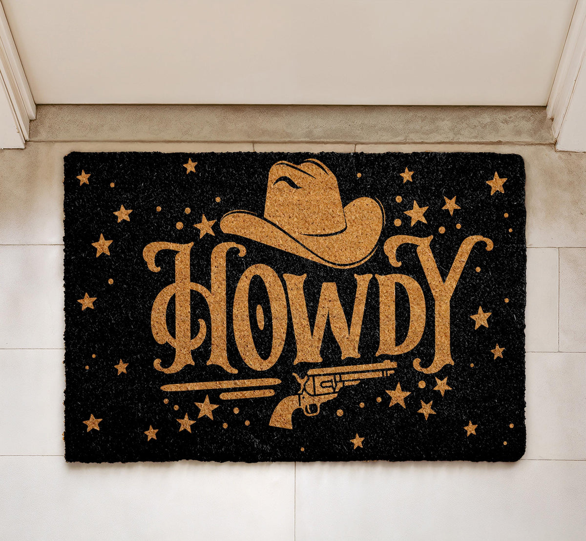 Howdy Doormat, Western Welcome Mat, Cowboy Hat and Revolver Home Entrance Mat