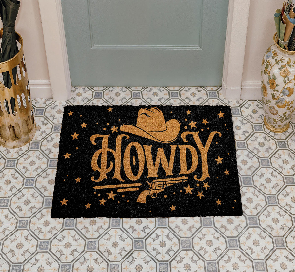 Howdy Doormat, Western Welcome Mat, Cowboy Hat and Revolver Home Entrance Mat