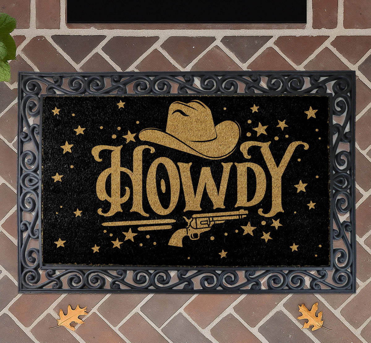 Howdy Doormat, Western Welcome Mat, Cowboy Hat and Revolver Home Entrance Mat