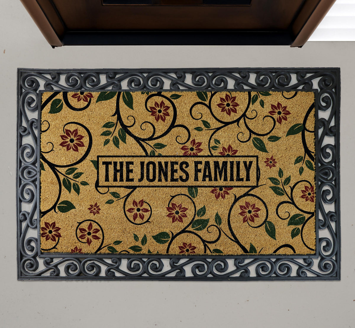 Personalized Floral Family Name Doormat, Custom Vine Pattern Welcome Mat, Cute Wedding Gift