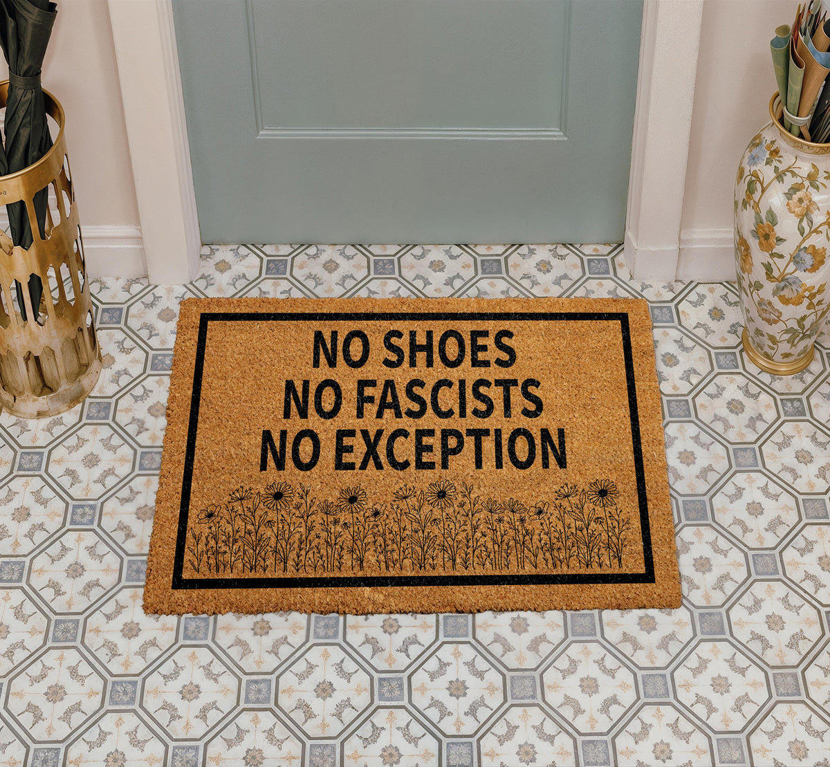 No Shoes No Fascists No Exception Doormat, Floral Anti Fascist Welcome Mat