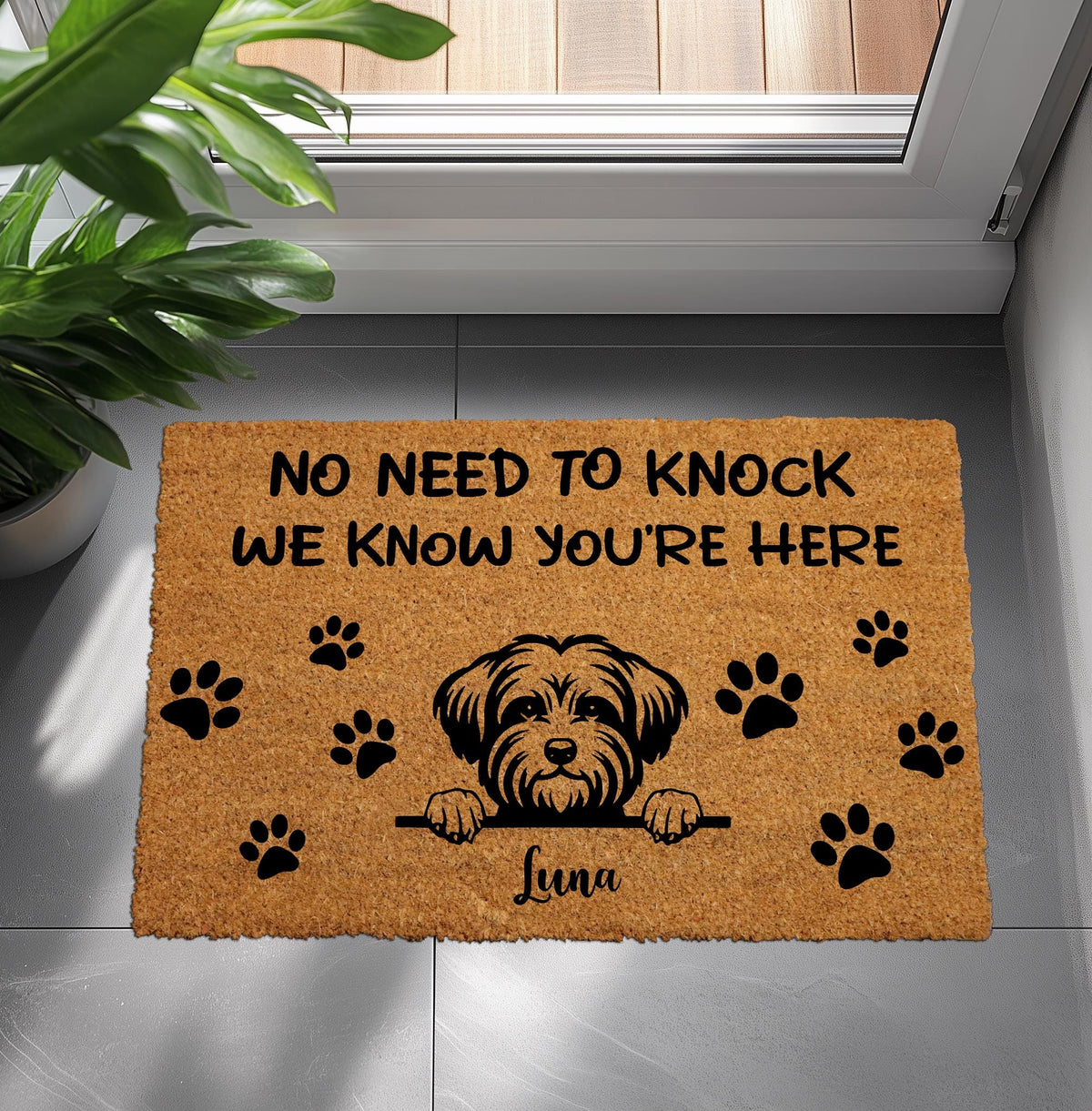No Need To Knock We Know You're Here Doormat, Custom Dog Name & Dogs Breed Welcome Mat