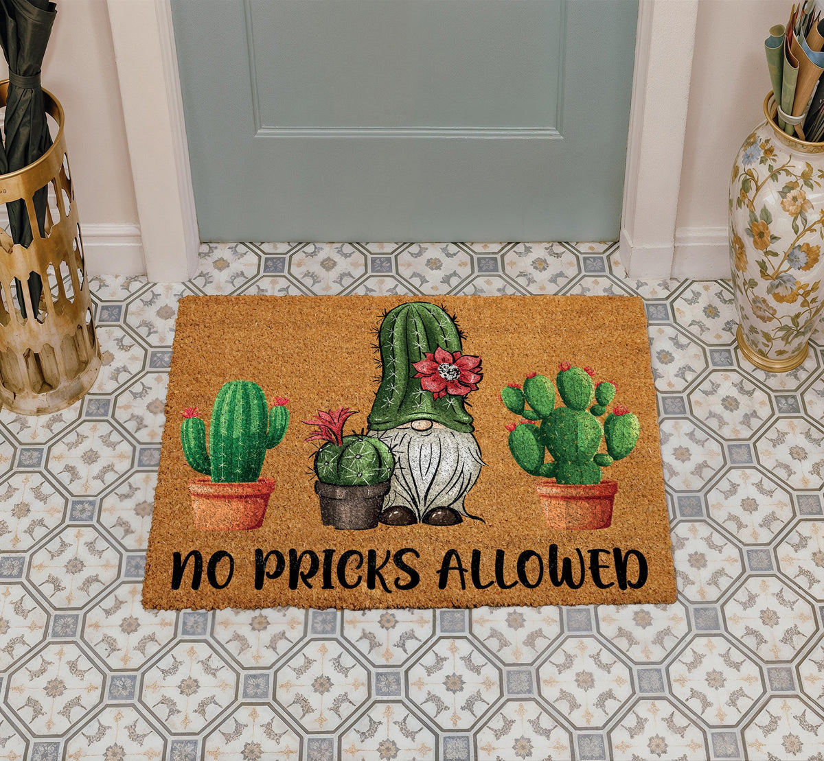 Funny Gnome Cactus Welcome Mat, No Pricks Allowed Doormat, Sassy Housewarming Gift
