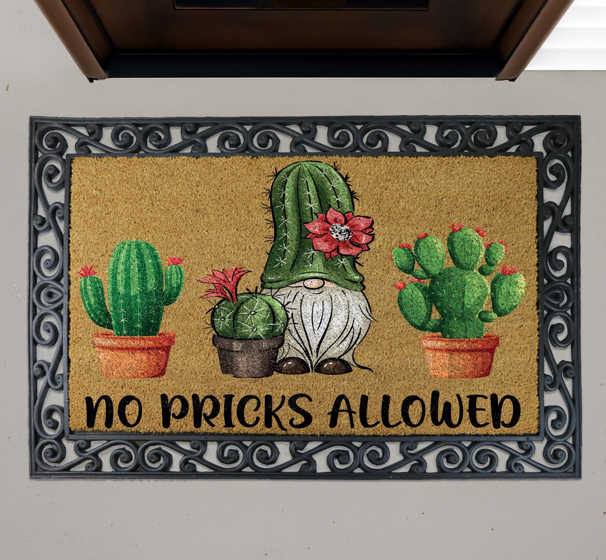 Funny Gnome Cactus Welcome Mat, No Pricks Allowed Doormat, Sassy Housewarming Gift