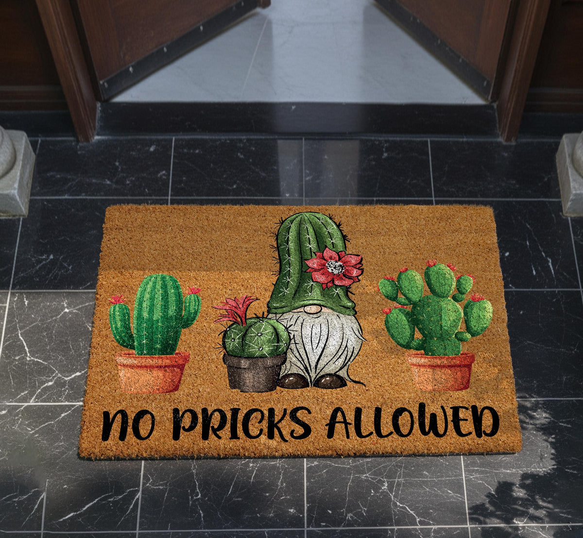 Funny Gnome Cactus Welcome Mat, No Pricks Allowed Doormat, Sassy Housewarming Gift