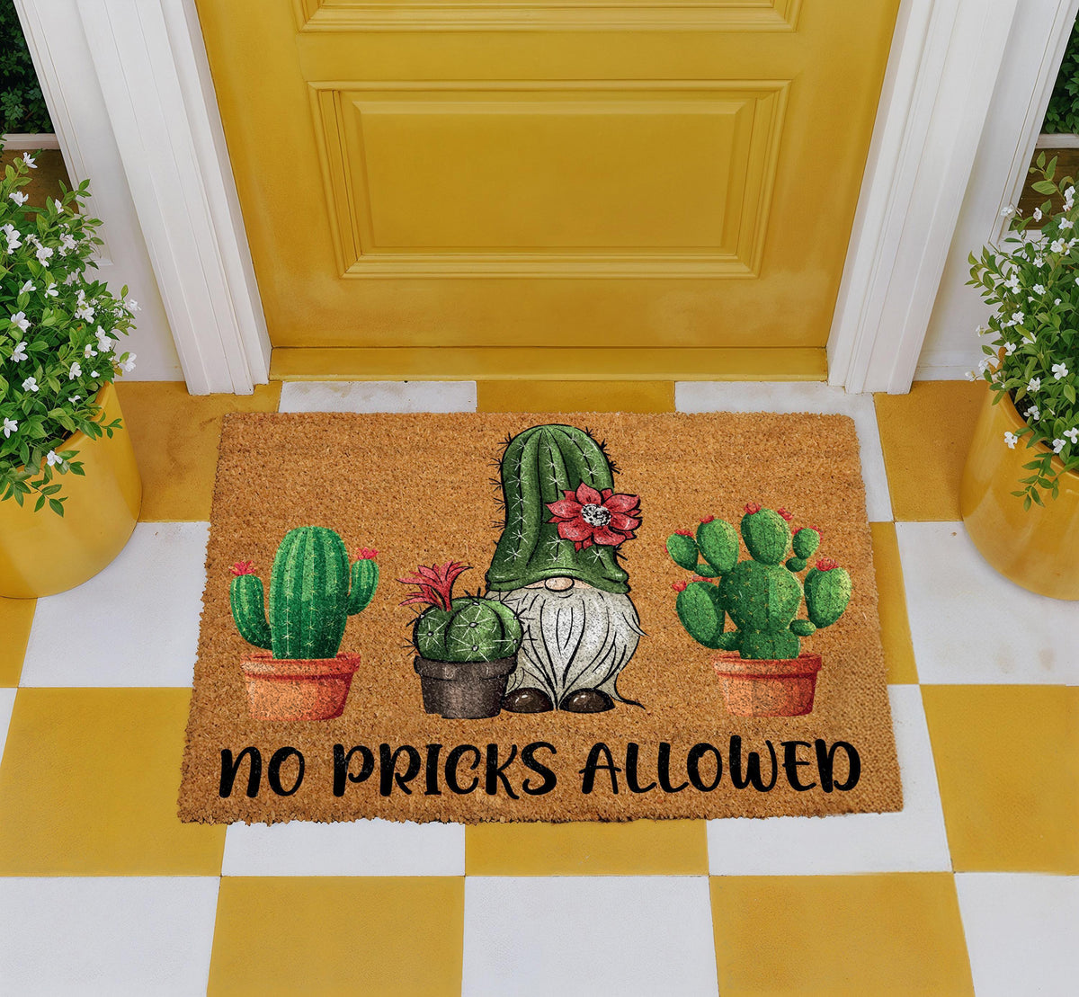 Funny Gnome Cactus Welcome Mat, No Pricks Allowed Doormat, Sassy Housewarming Gift