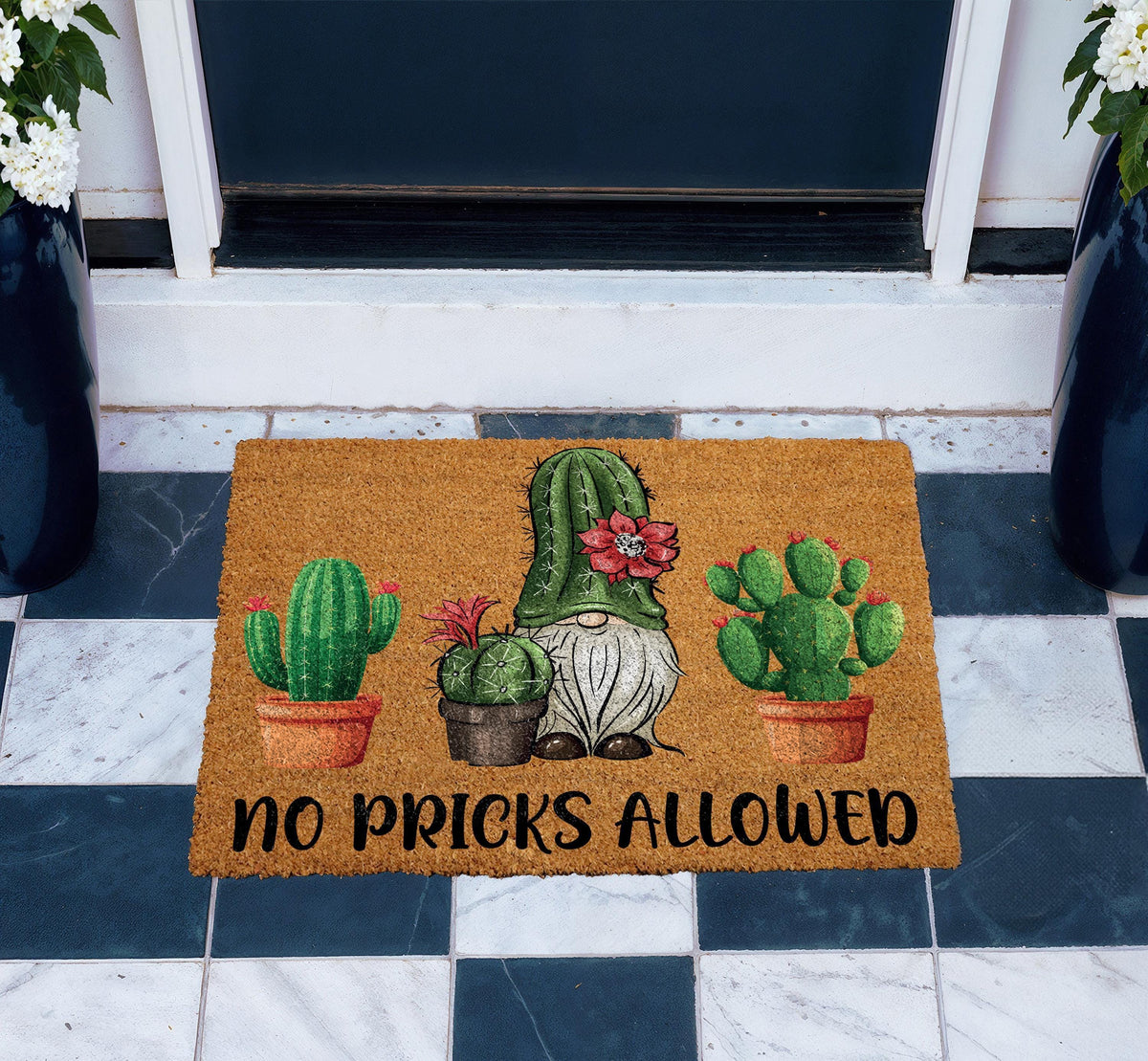 Funny Gnome Cactus Welcome Mat, No Pricks Allowed Doormat, Sassy Housewarming Gift