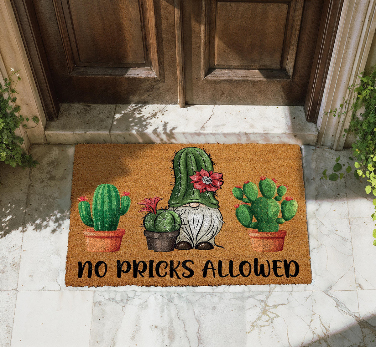 Funny Gnome Cactus Welcome Mat, No Pricks Allowed Doormat, Sassy Housewarming Gift