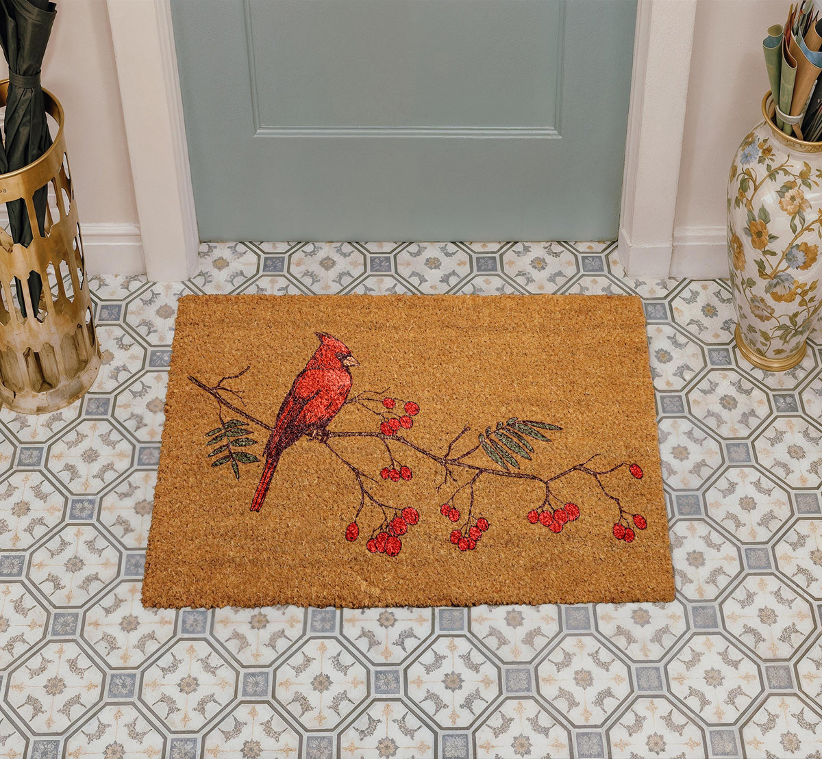 Red Bird & Berries Christmas Doormat, Red Cardinal On A Branch Welcome Mat
