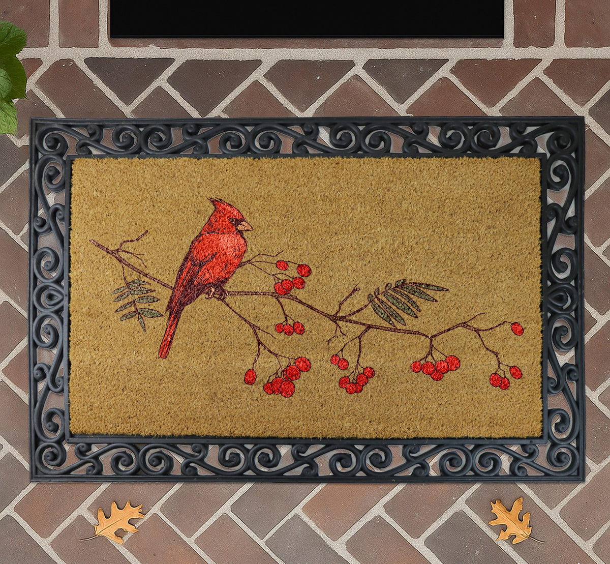 Red Bird & Berries Christmas Doormat, Red Cardinal On A Branch Welcome Mat