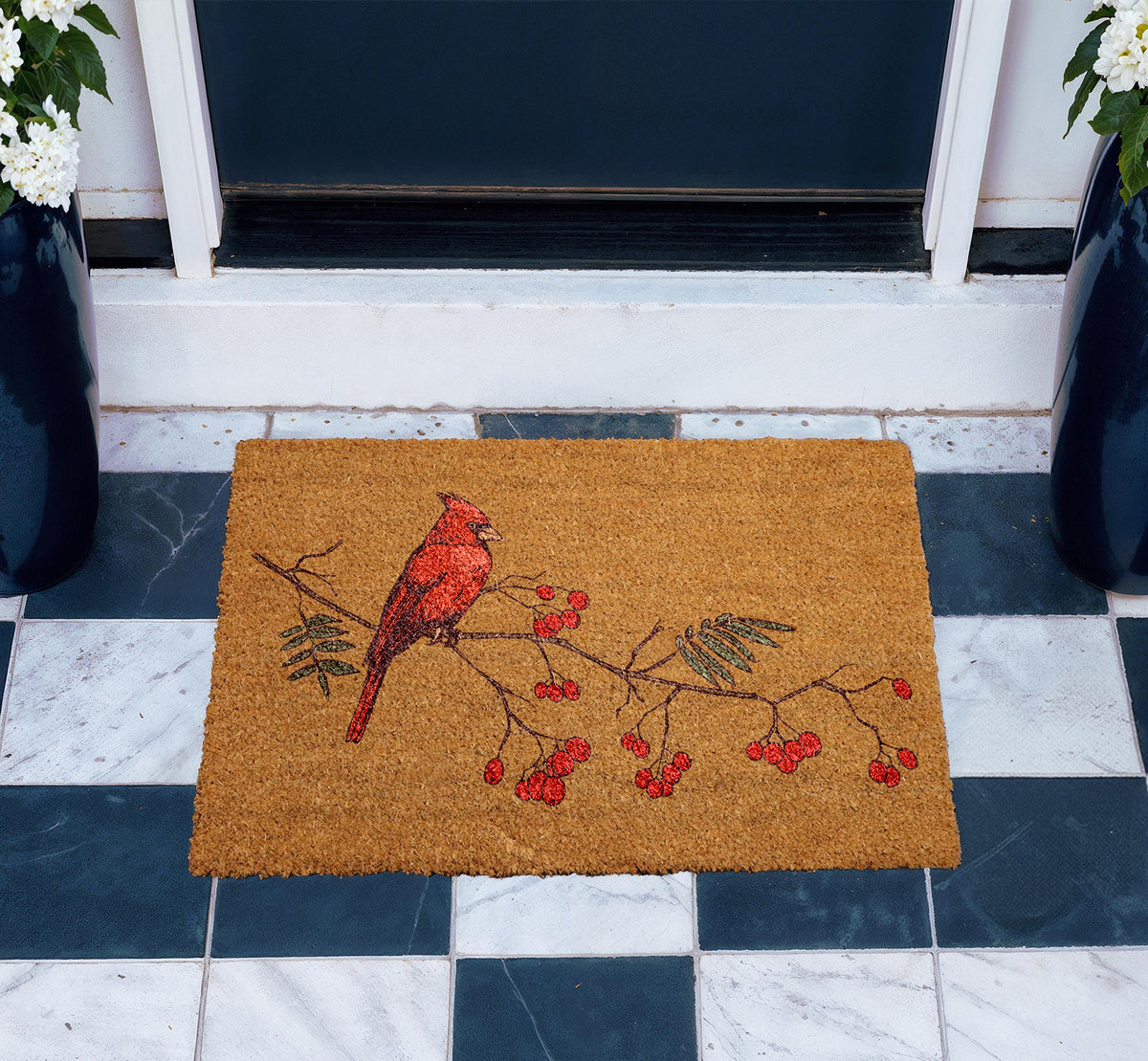 Red Bird & Berries Christmas Doormat, Red Cardinal On A Branch Welcome Mat