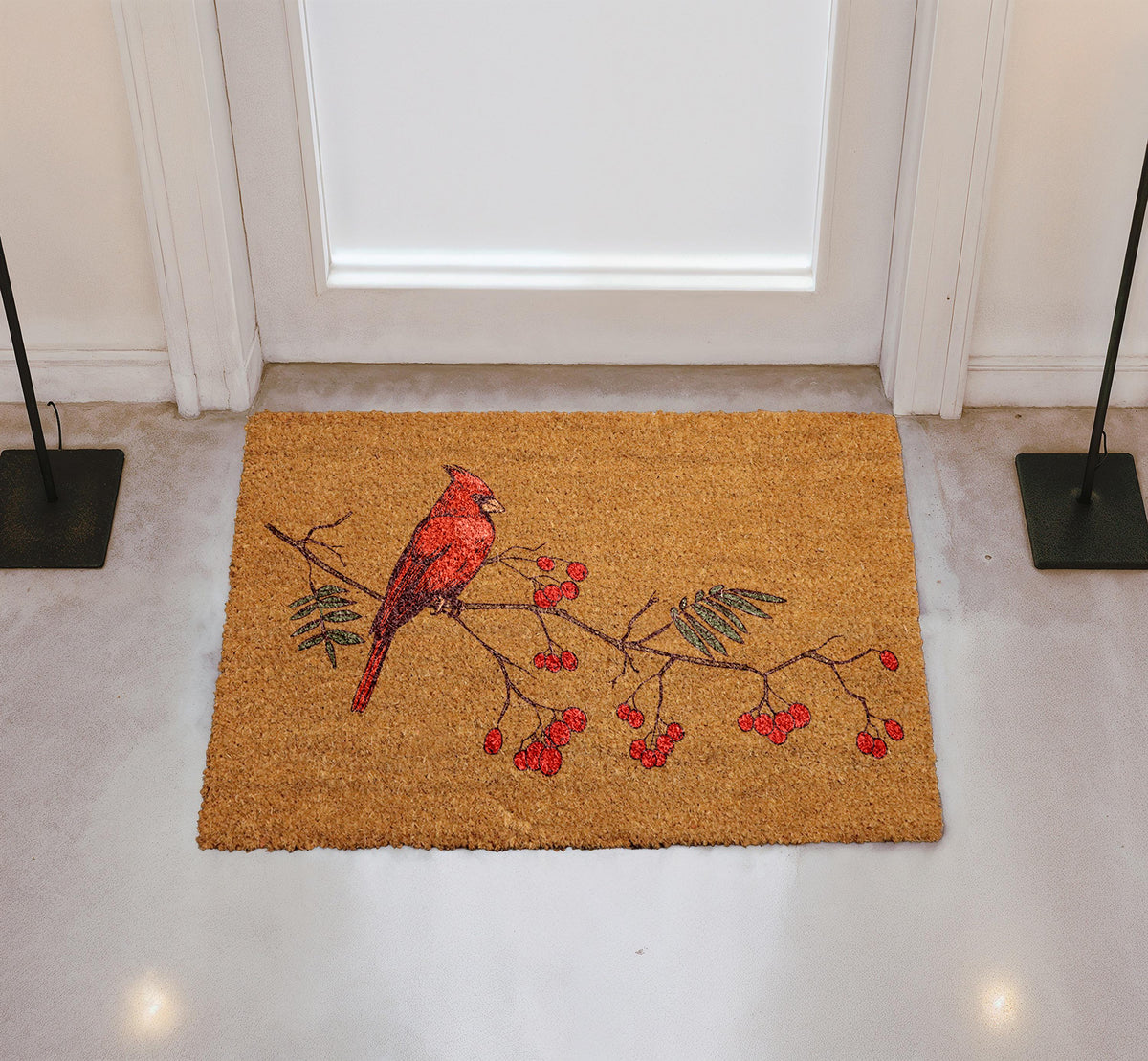 Red Bird & Berries Christmas Doormat, Red Cardinal On A Branch Welcome Mat