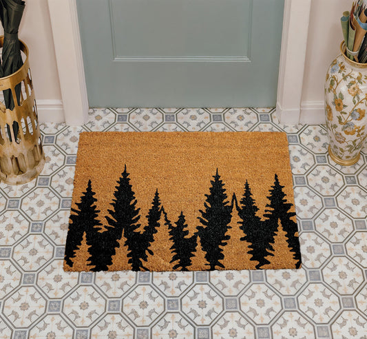 Treeline Doormat, Forest Welcome Mat, Pine Tree Silhouette Coir Mat, Rustic Cabin Decor