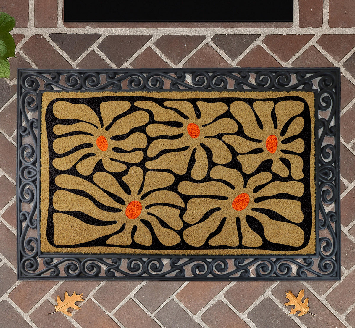 Boho Floral Design Welcome Mat, Retro Abstract Flower Doormat, Mid Century Modern Home Decor