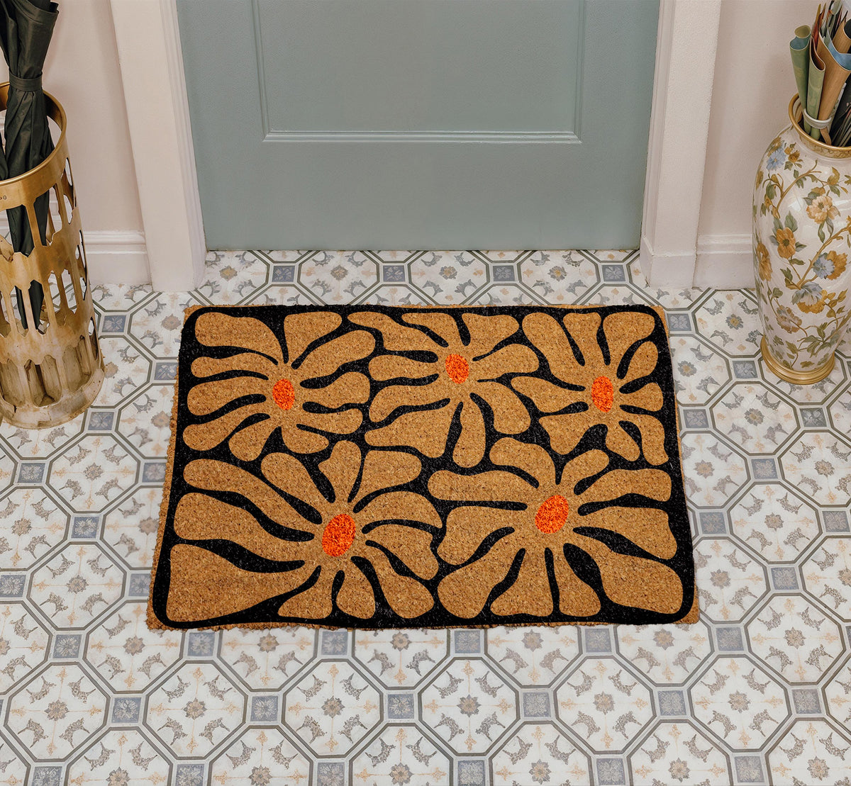 Boho Floral Design Welcome Mat, Retro Abstract Flower Doormat, Mid Century Modern Home Decor