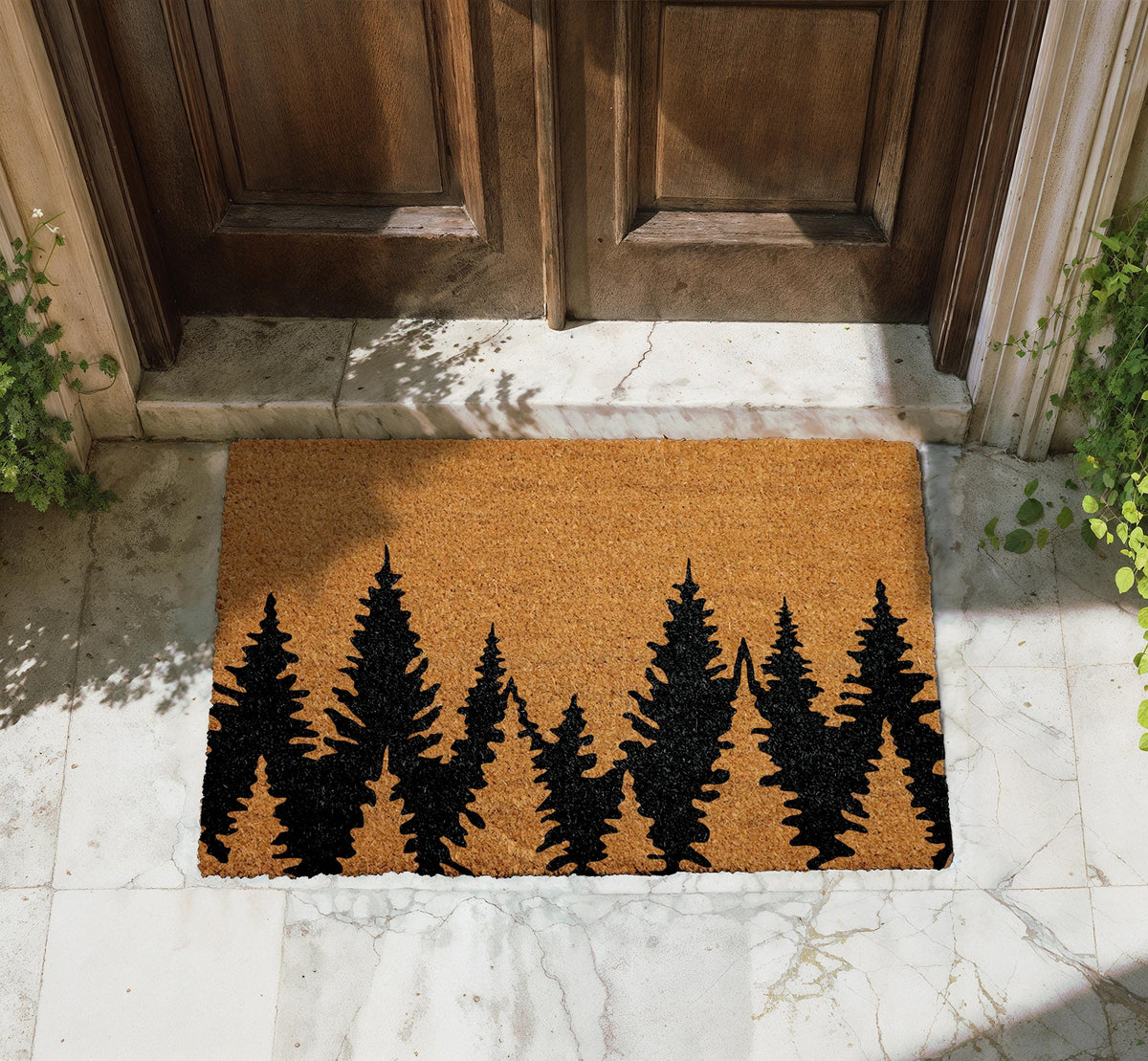 Treeline Doormat, Forest Welcome Mat, Pine Tree Silhouette Coir Mat, Rustic Cabin Decor