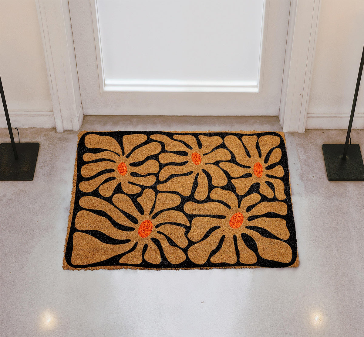 Boho Floral Design Welcome Mat, Retro Abstract Flower Doormat, Mid Century Modern Home Decor