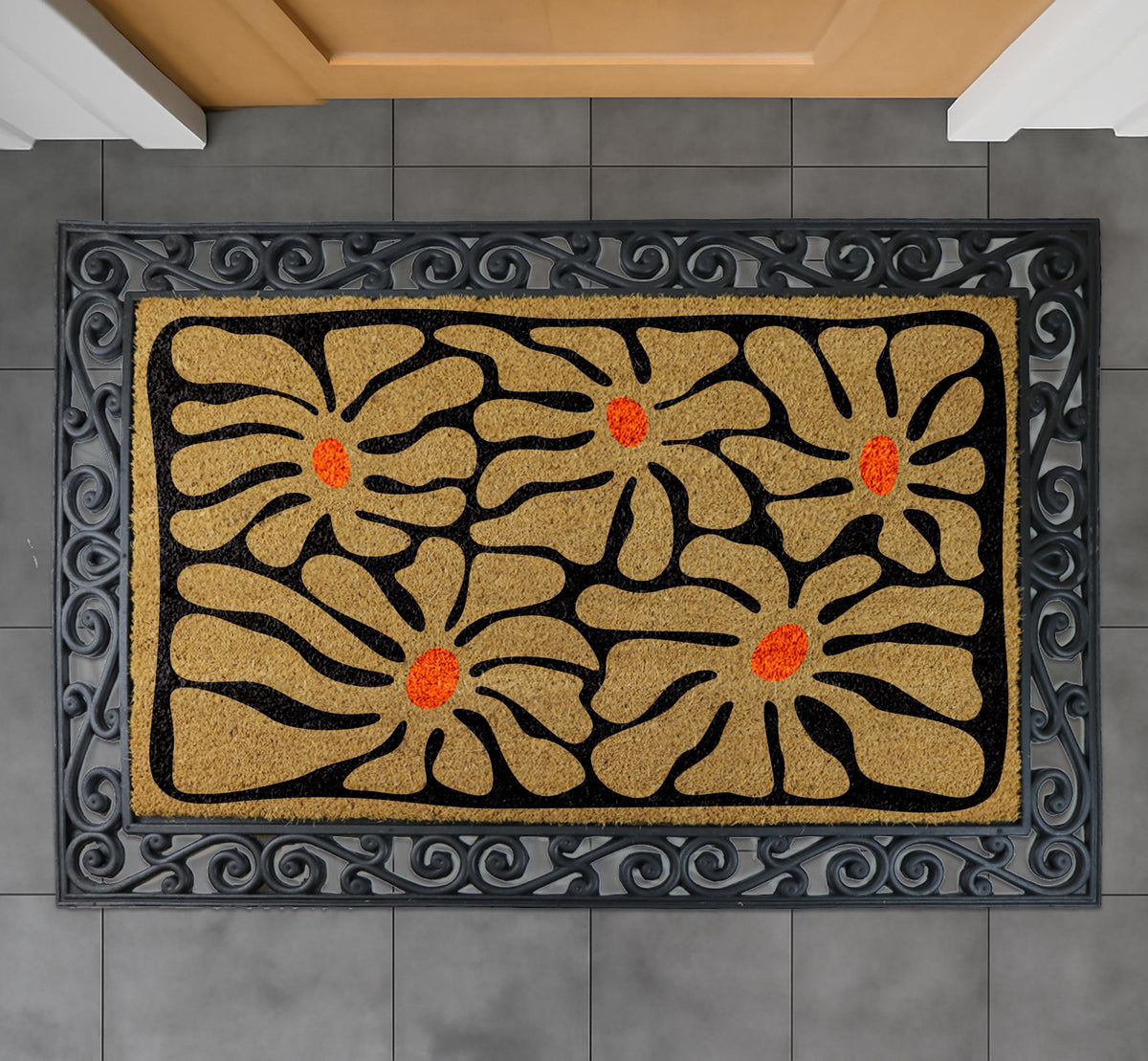 Boho Floral Design Welcome Mat, Retro Abstract Flower Doormat, Mid Century Modern Home Decor
