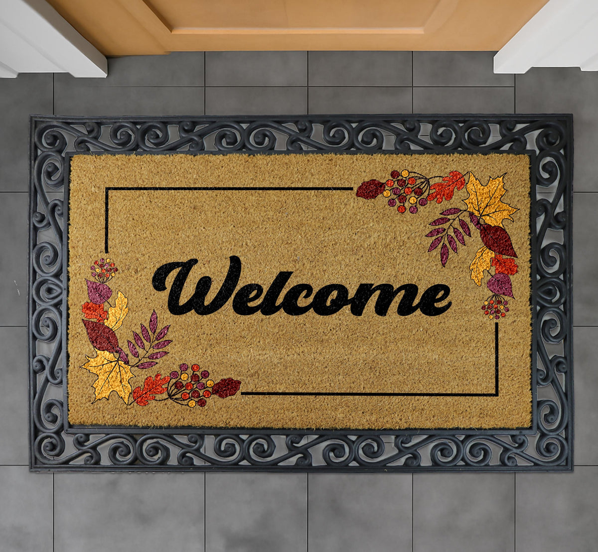 Welcome Doormat: Autumn Leaves Design - Durable Coir with Rubber Backing