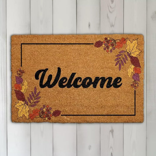 Welcome Doormat: Autumn Leaves Design - Durable Coir with Rubber Backing
