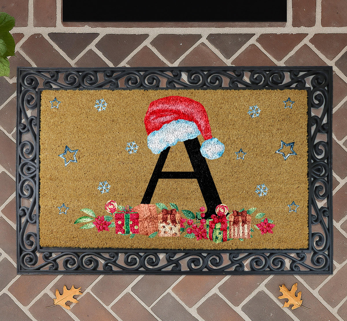 Santa Hat Initial Welcome Mat, Personalized Christmas Monogram Doormat