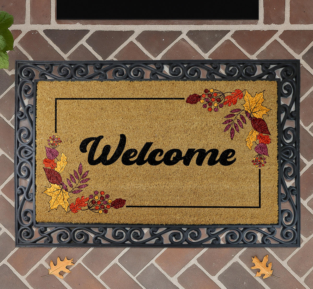 Welcome Doormat: Autumn Leaves Design - Durable Coir with Rubber Backing