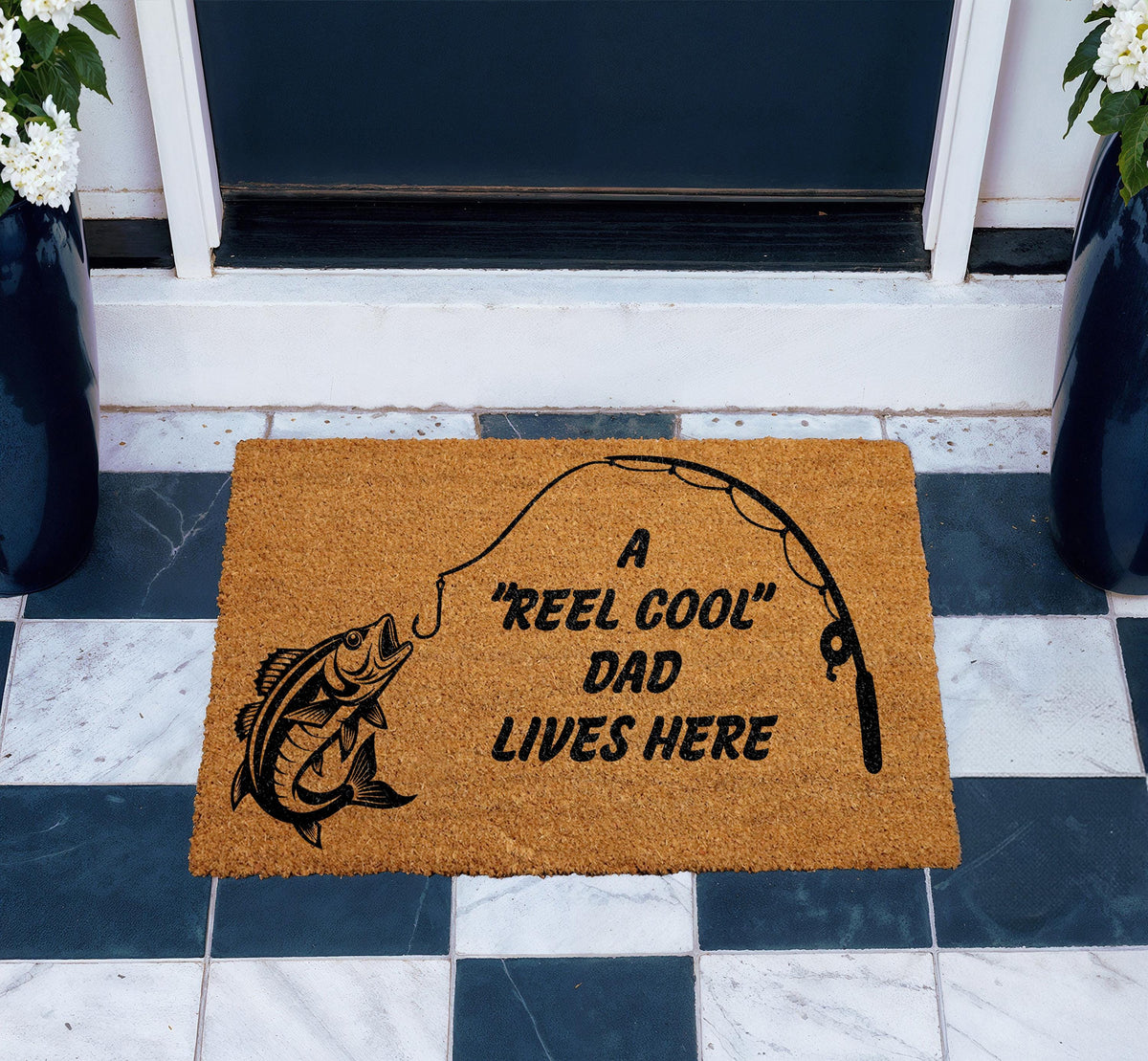 Reel Cool Dad Lives Here Doormat, Custom Funny Fisherman Entrance Decor, Father's Day Gift