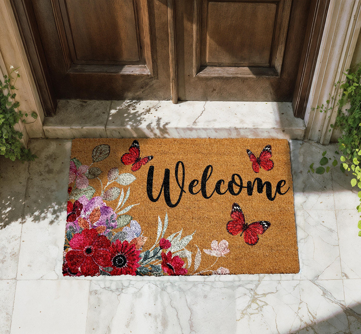 Floral Welcome Mat, Butterfly Entryway Rug, Natural Coir Outdoor Decor