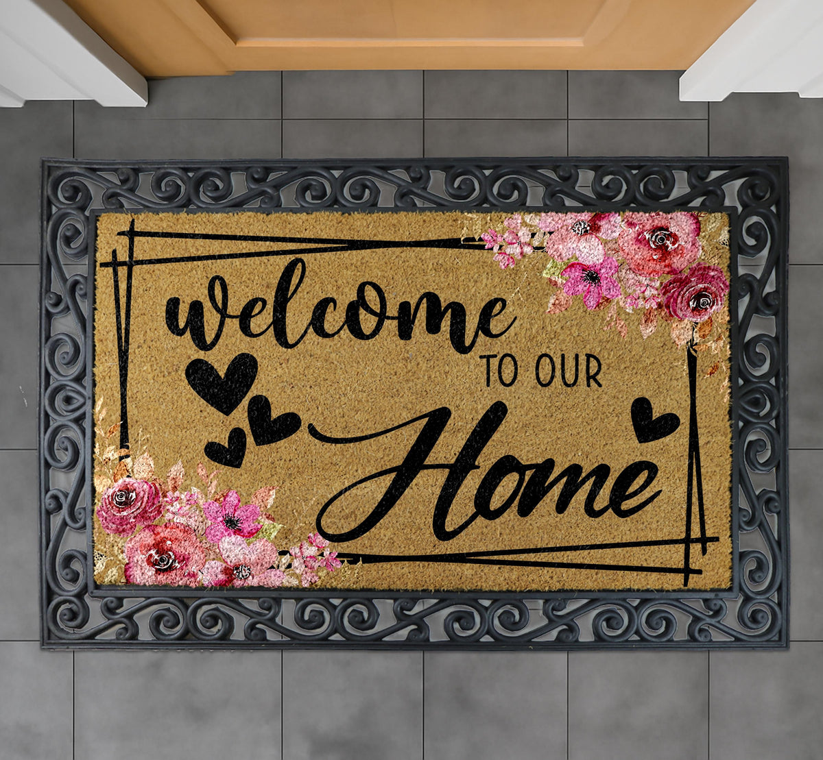 Welcome to Our Home Doormat, Pink Rose Floral Welcome Mat, Heart Home Entrance Decor