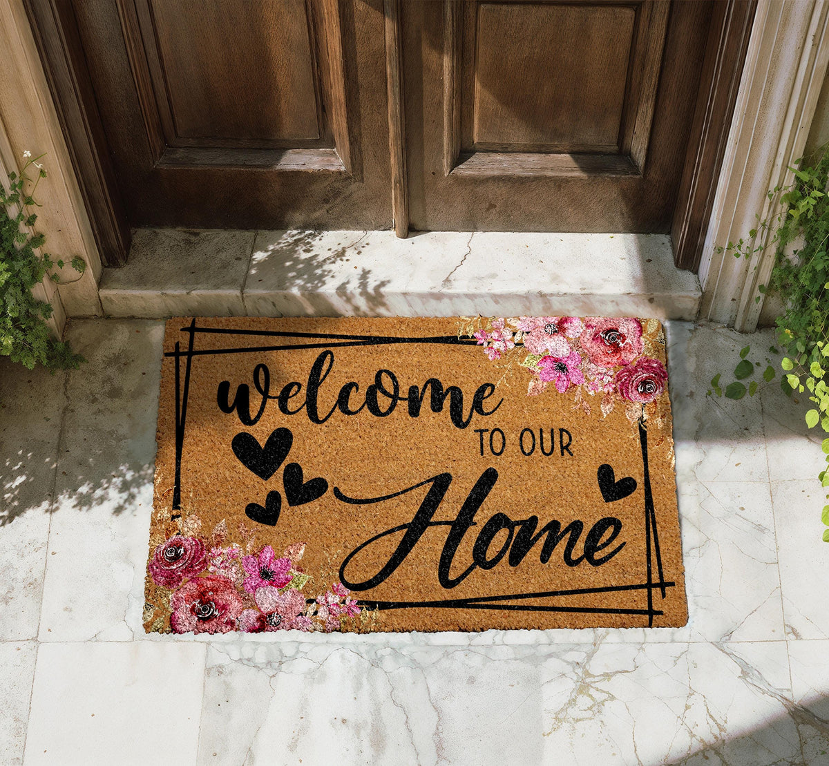 Welcome to Our Home Doormat, Pink Rose Floral Welcome Mat, Heart Home Entrance Decor
