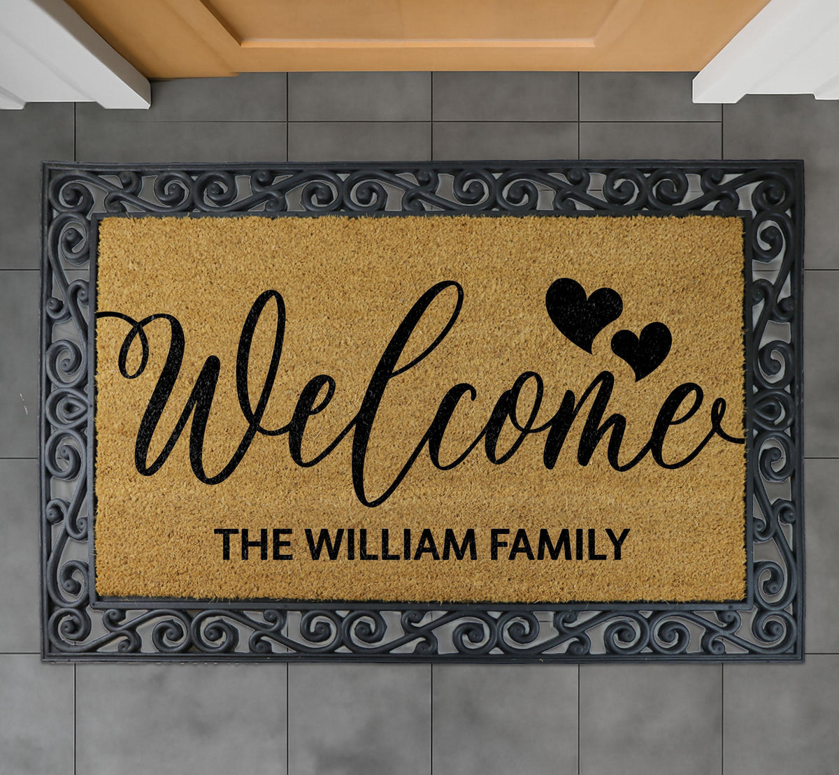 Personalized Welcome Doormat with Hearts, Custom Family Last Name Door Mat