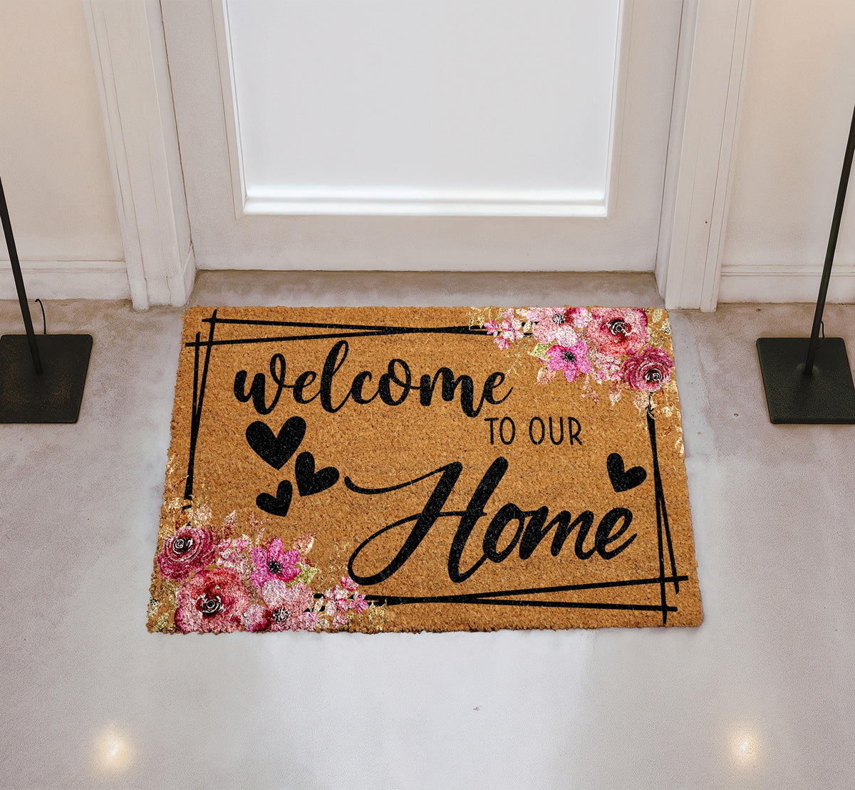 Welcome to Our Home Doormat, Pink Rose Floral Welcome Mat, Heart Home Entrance Decor