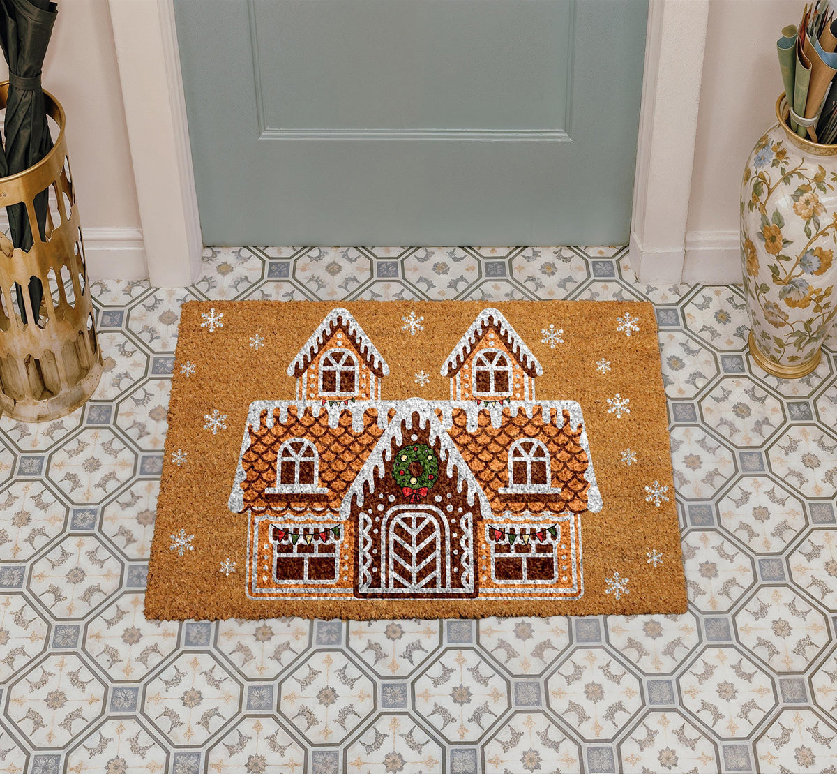 Gingerbread House Doormat, Christmas Welcome Mat, Winter Holiday Front Door Mat