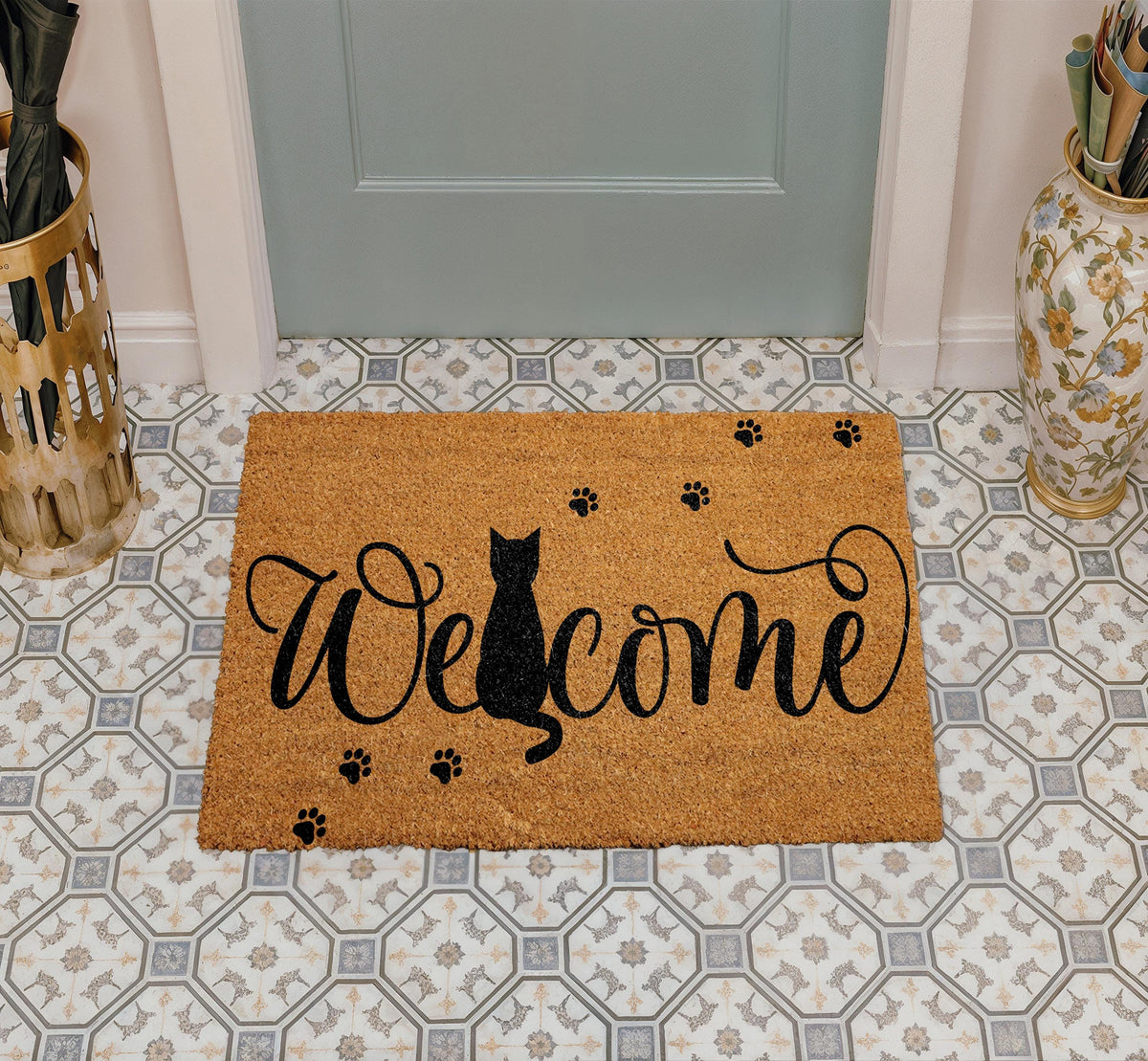Cat Welcome Doormat, Black Cat Lover Coco Door Mat, Cute Kitten Paw Print Coir Mat