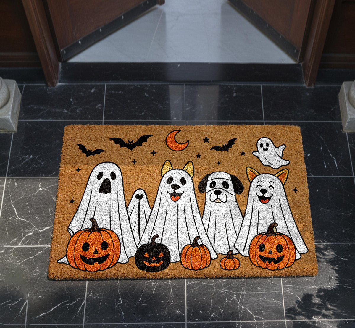 Spooky Dogs Doormat, Cute Pumpkins Halloween Gift, Ghost Dog Fall Decor, Creepy Bat Porch Rug