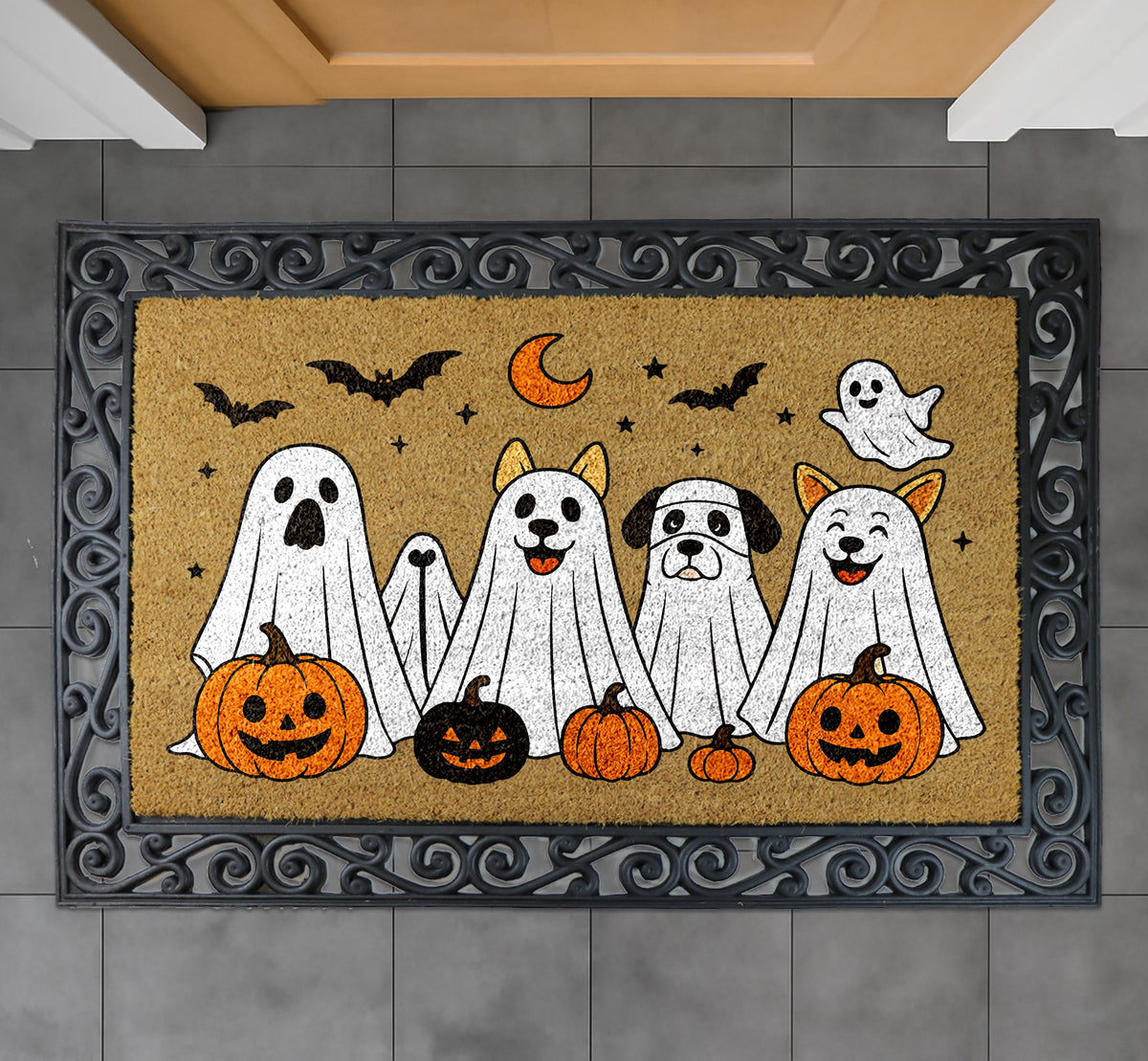 Spooky Dogs Doormat, Cute Pumpkins Halloween Gift, Ghost Dog Fall Decor, Creepy Bat Porch Rug