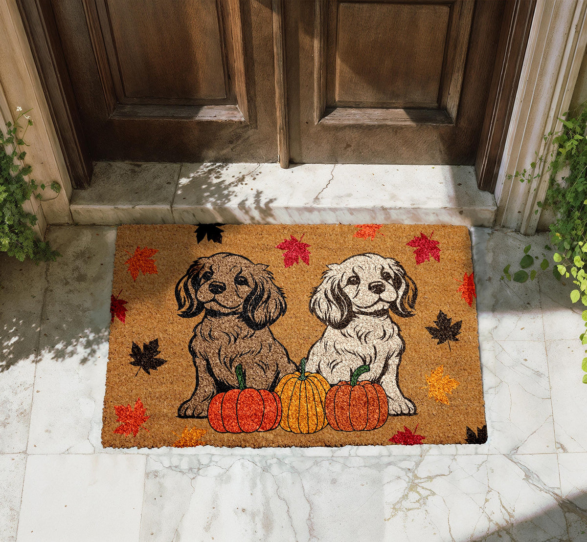 Cute Dogs & Pumpkin Fall Doormat, Autumn Dog Lovers Welcome Mat