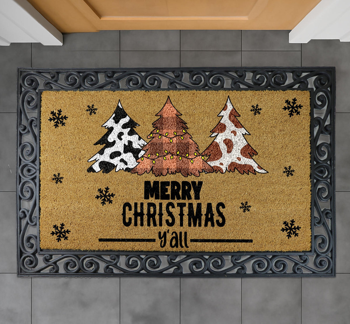 Merry Christmas Y'all Doormat, Western Xmas Home Decor, Cow Print Christmas Tree Welcome Mat