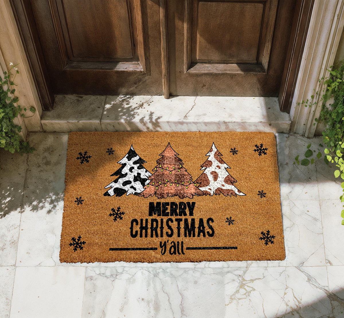 Merry Christmas Y'all Doormat, Western Xmas Home Decor, Cow Print Christmas Tree Welcome Mat