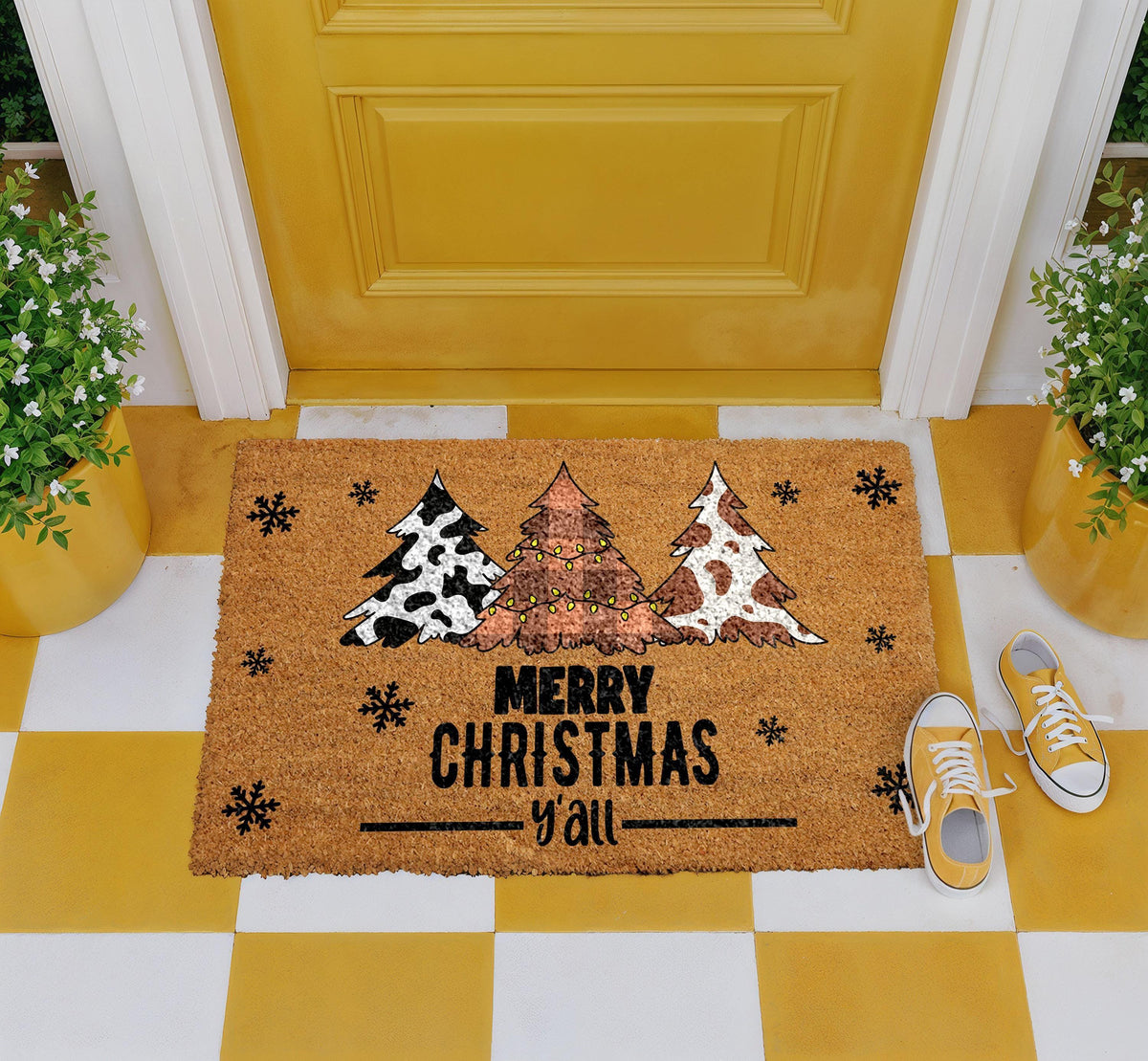 Merry Christmas Y'all Doormat, Western Xmas Home Decor, Cow Print Christmas Tree Welcome Mat