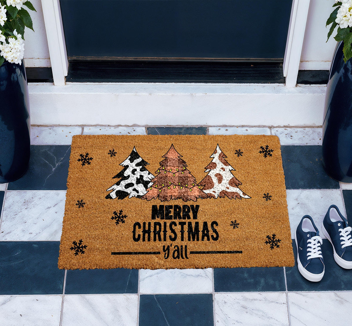 Merry Christmas Y'all Doormat, Western Xmas Home Decor, Cow Print Christmas Tree Welcome Mat
