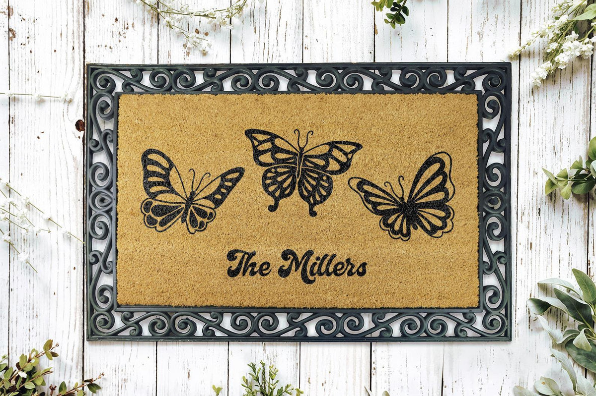 Personalized Butterfly Doormat, Custom Family Name Welcome Mat, Bohemian Spring Porch Decor
