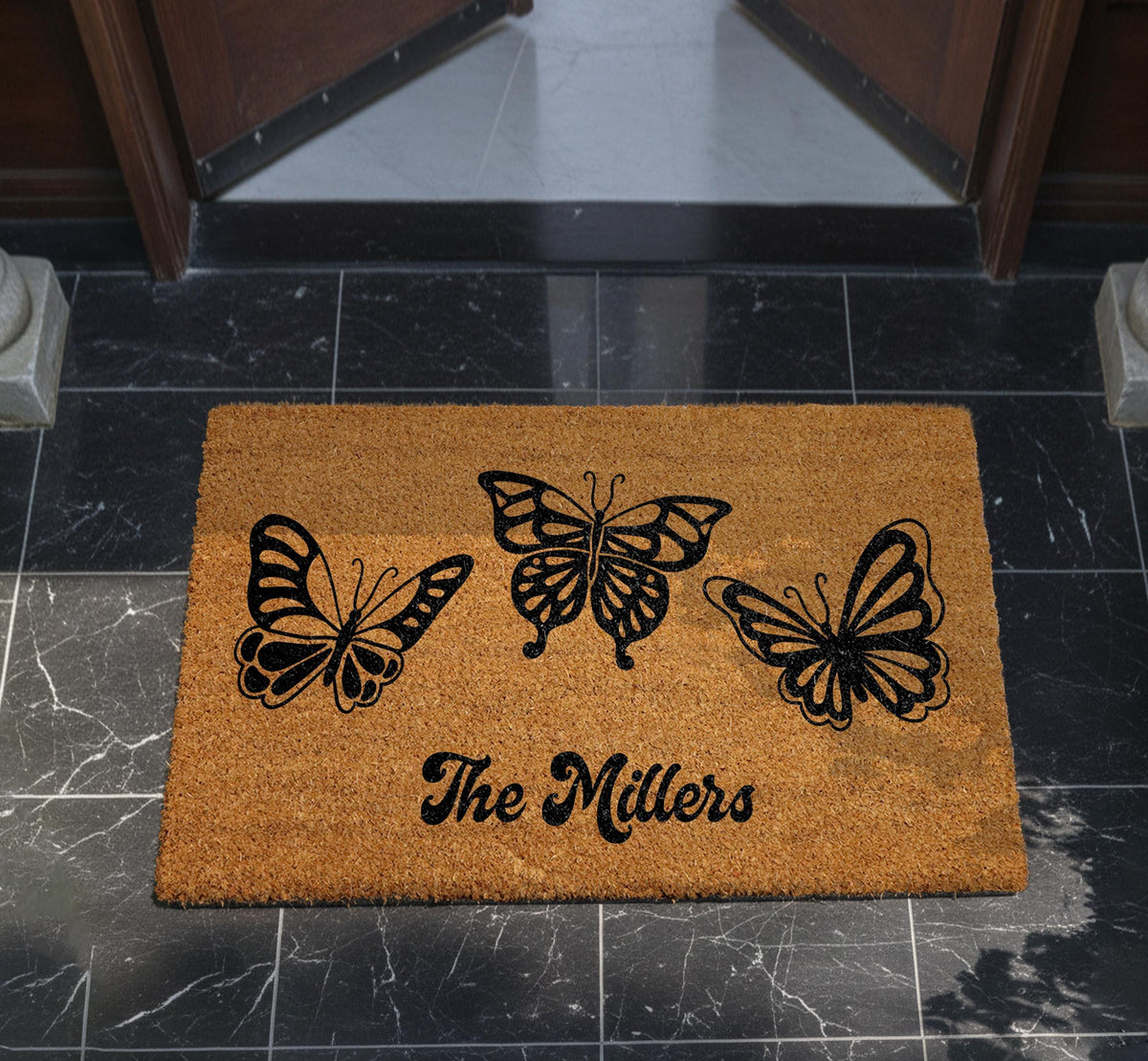 Personalized Butterfly Doormat, Custom Family Name Welcome Mat, Bohemian Spring Porch Decor