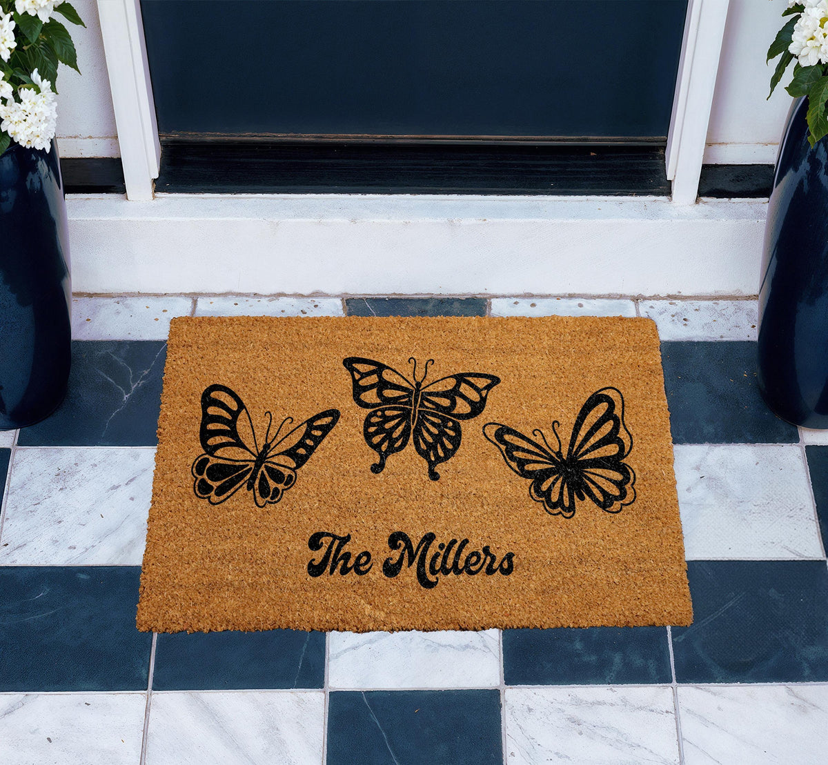 Personalized Butterfly Doormat, Custom Family Name Welcome Mat, Bohemian Spring Porch Decor