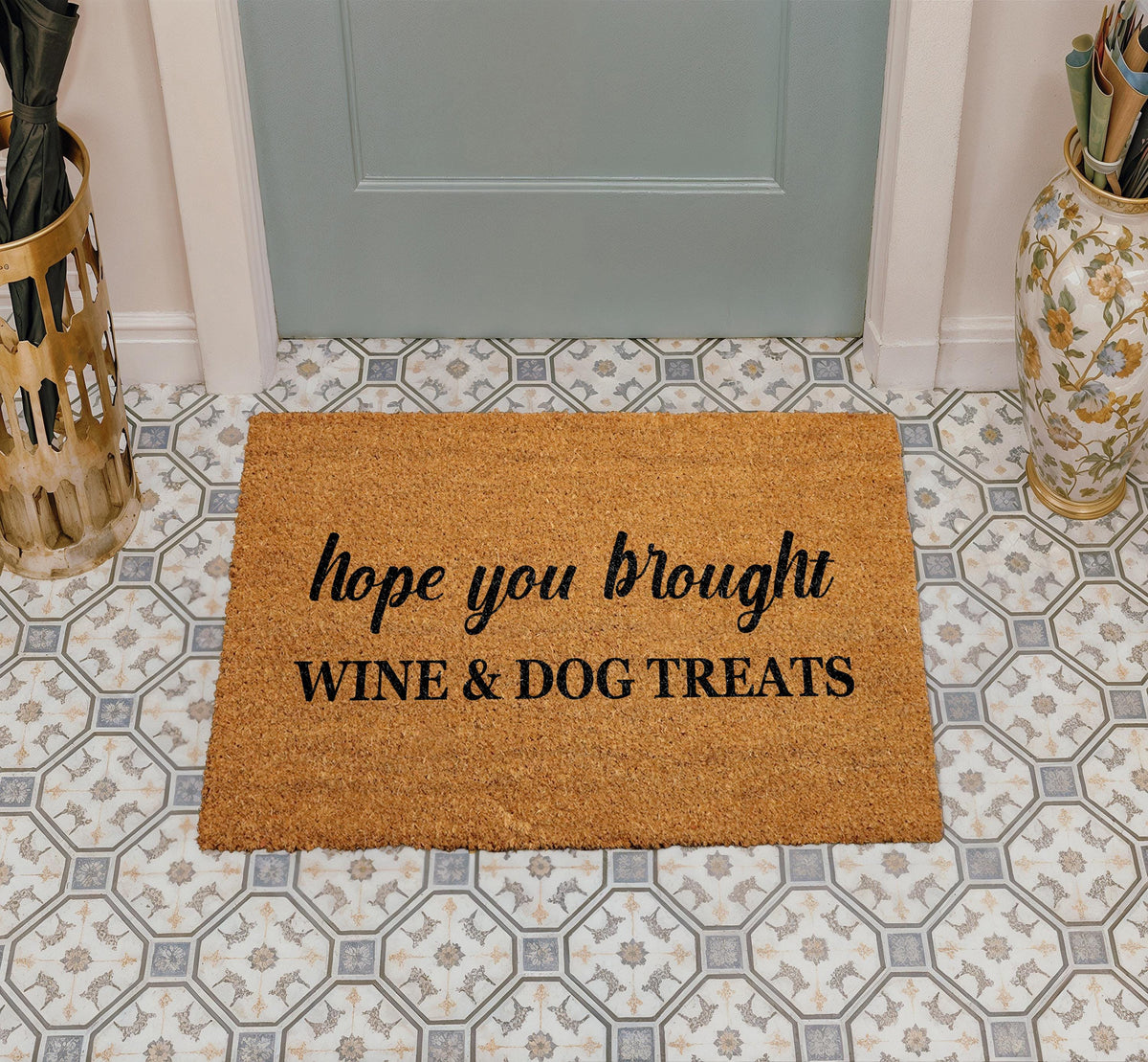 Hope You Brought Wine & Dog Treats Coco Doormat, Funny Welcome Mat for Dog Lovers
