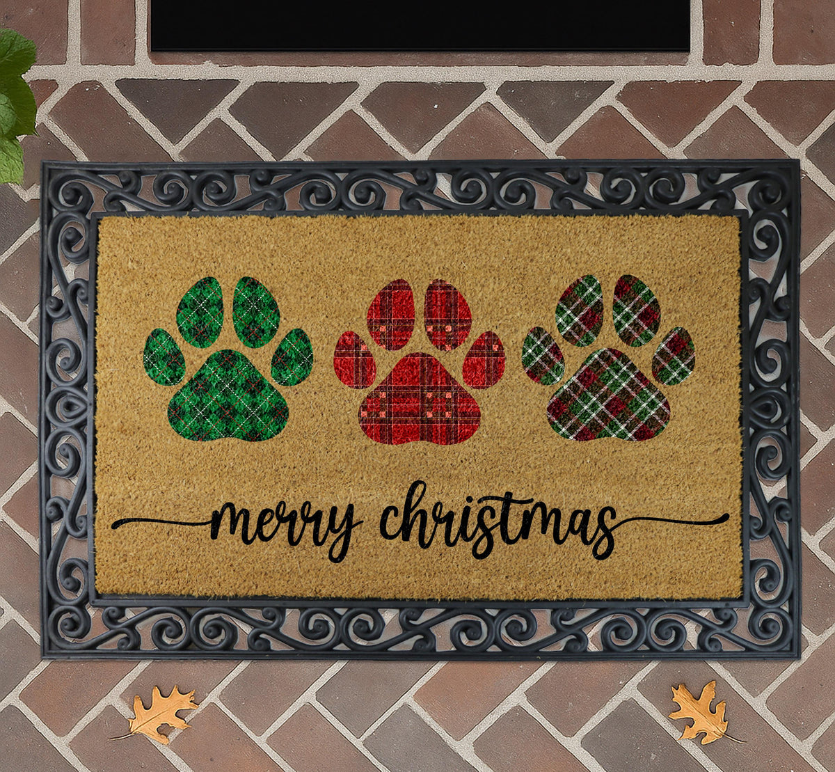 Plaid Paw Print Christmas Doormat, Merry Christmas Pet Welcome Mat, Dog Mom Winter Home Decor