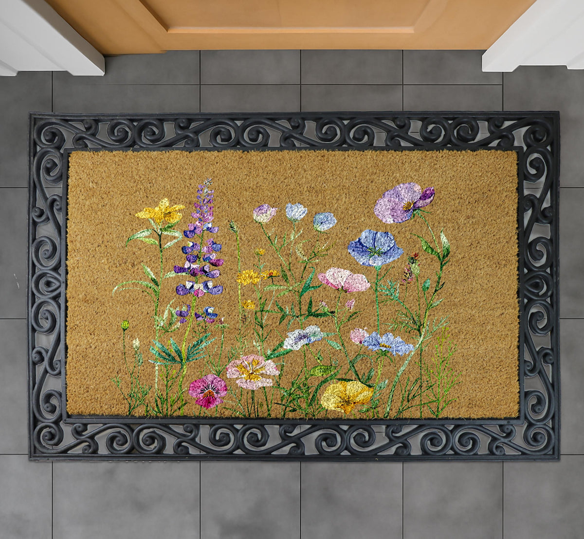 Wildflowers Doormat, Floral Welcome Mat, Garden Lover Home Entrance Coir Rug