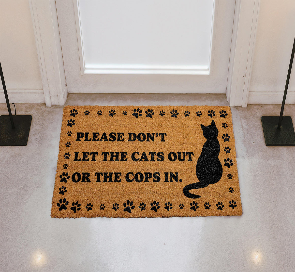 Please Don't Let The Cats Out or Cops In Doormat, Cat Lover Welcome Mat, Humorous Entrance Mat