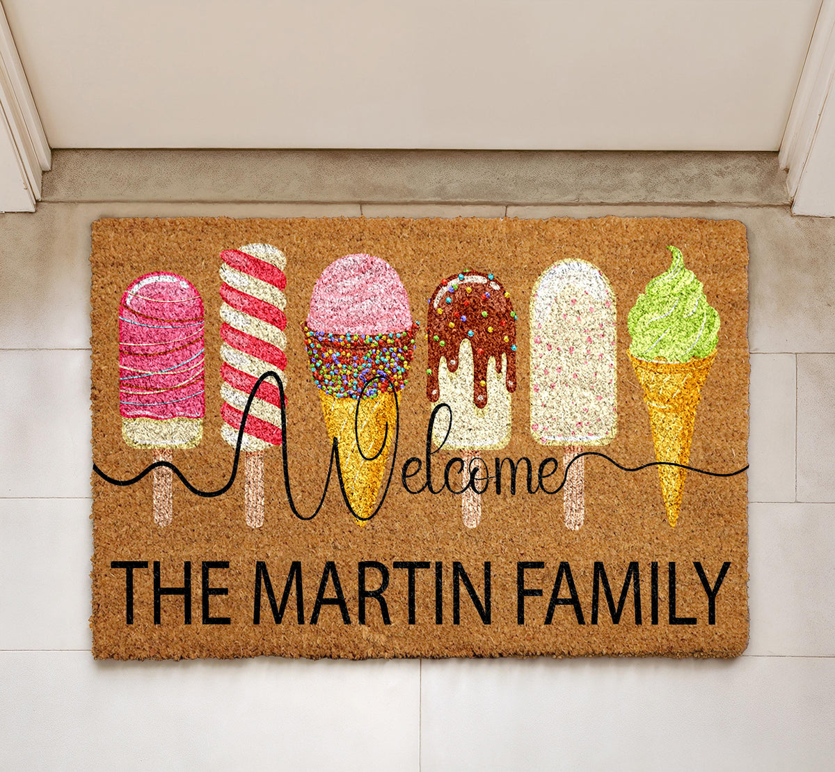 Personalized Ice Cream Welcome Mat, Custom Family Name Popsicle Doormat
