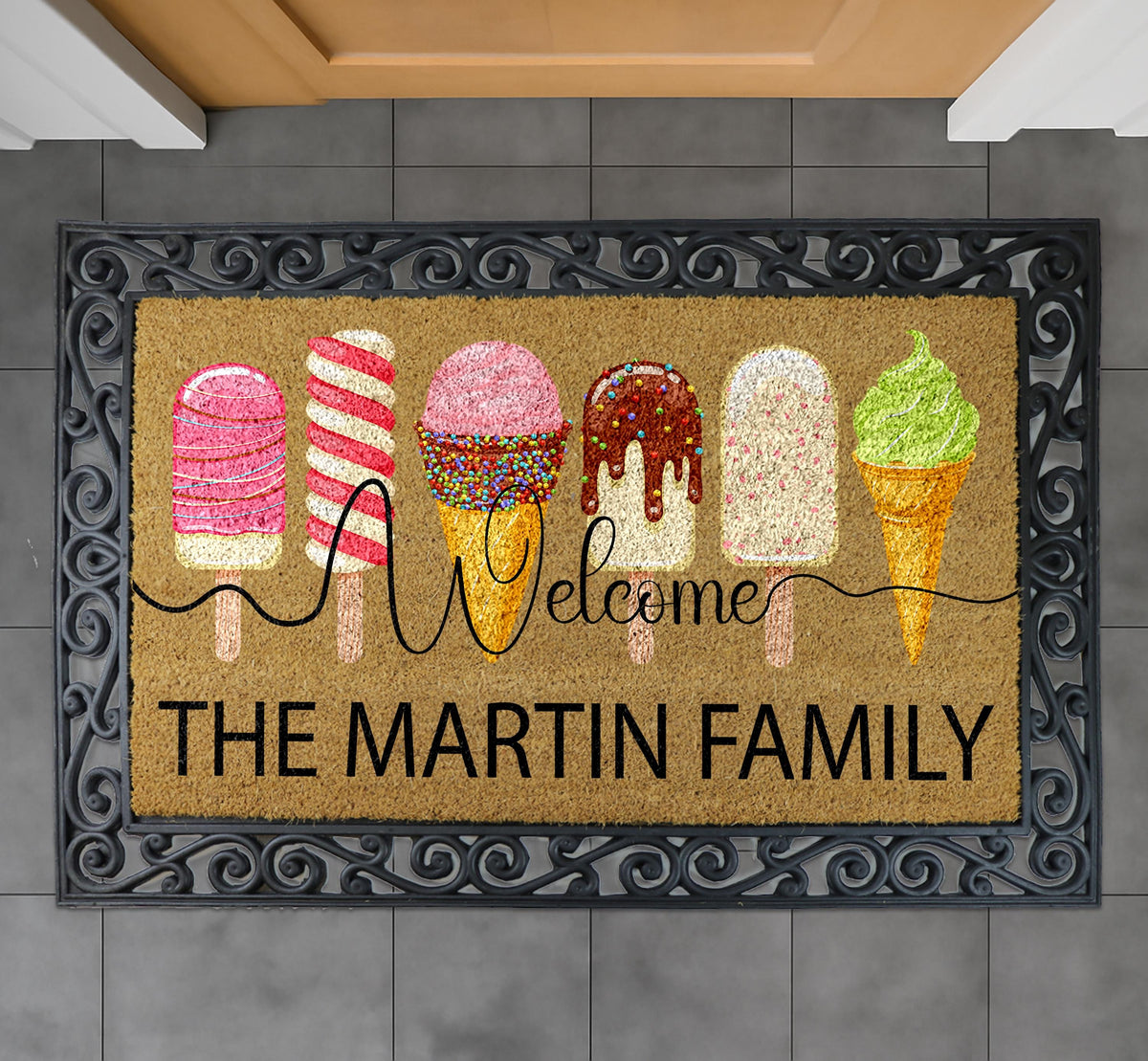 Personalized Ice Cream Welcome Mat, Custom Family Name Popsicle Doormat